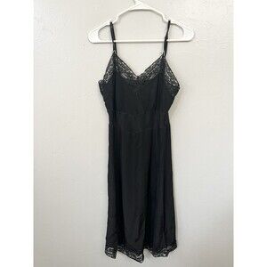 Vtg 80s Adonna Black Nightgown 34 Milkmaid Black Bodice Slip Dress Silky Satin
